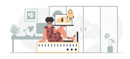 Synchronization and security of data capacity concept. The energized woman is holding a data cloud and a server. Trendy style, Vector Illustration