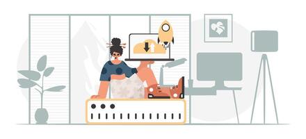 Synchronization and security of data capacity concept. The energized woman is holding a data cloud and a server. Trendy style, Vector Illustration