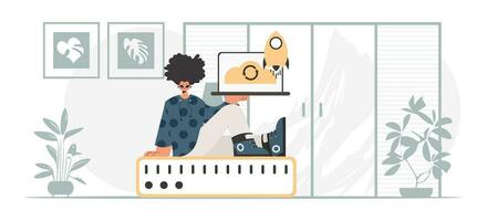 A woman is holding a laptop and a computer vector