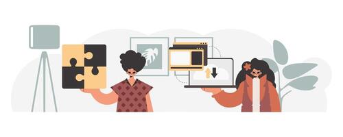 Two people are holding up pieces of puzzle pieces vector