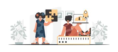 Two women are holding puzzle pieces and a laptop vector