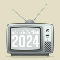 Vintage black and white television showing Happy New Year 2024 flat design vector illustration. Happy New Year greeting card template.