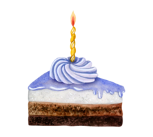 pastel azul chocolate bolo fatia com açoitado creme e queimando vela para Rapazes aniversário aguarela Comida pastelaria ilustração para cartões e convites png