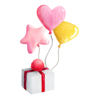 Red gift box with pink and yellow balloons watercolor illustration with present for baby girl birthday party card png