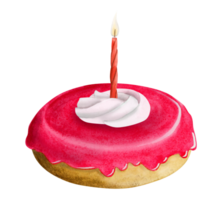 aquarelle rose anniversaire Donut avec fouetté crème et bougie illustration pour les filles vacances carte png