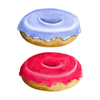 Lavender blue and pink red glazed donut watercolor illustration set. Side view, for boys birthday or Hanukkah designs png