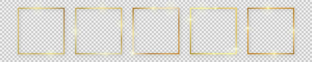 Set of five gold shiny square frames with glowing effects and shadows on background. Vector illustration