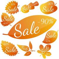 Set of autumn yellow-red leaves with inscription Sale. Discounts from 10 to 90 percent. Vector illustration.