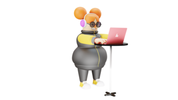 3D Illustration. Student 3D cartoon character. Diligent Student in doing her college assignments. Fat girl stood up while working on a laptop. Young girl using headphones. 3D cartoon character png