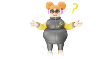 3D Illustration. Cheerful Girl 3D Cartoon Character. The fat girl who showed her confused expression. Cute girl with many questions in her mind. 3D cartoon character png