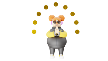 3D Illustration. Rich Girl 3D cartoon character. Funny girl who cupped her hands in front of her chest. Fat girl closing her eyes. Fat girl is surrounded by gold coins. 3D cartoon character png