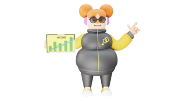 3D Illustration. Businesswoman 3D Cartoon Character. Intelligent women who work as entrepreneurs. Successful women hold an income table. The rich woman smiled while explaining. 3D cartoon character png