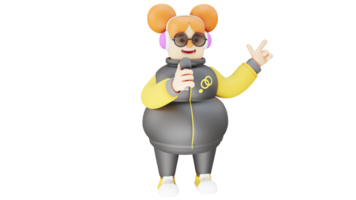 3D Illustration. Singer 3D cartoon character. Talented singer is showing her ability to sing using a microphone. The fat singer has a golden voice. 3D cartoon character png