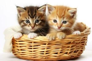 Two kittens in a basket. Generative AI technology. photo
