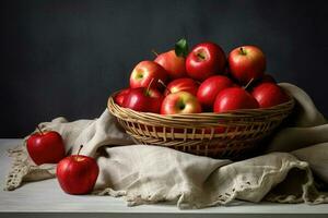 A basket filled with apples. Generative AI technology. photo