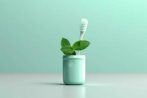 Toothbrush and mint in a glass. Generative AI technology. photo