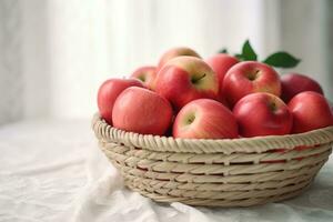 A basket filled with apples. Generative AI technology. photo