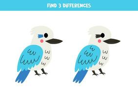 Find 3 differences between two cute cartoon kookaburras. vector