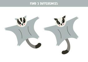 Find 3 differences between two cute cartoon sugar gliders. vector