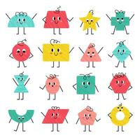 Vector basic geometric figures with face. Trendy different geometric shape characters. Design for primary school and kindergarten. Cute funny smiling shape characters for kids and children design.