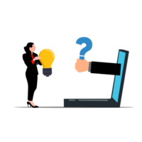 business woman with question mark and light bulb on laptop png