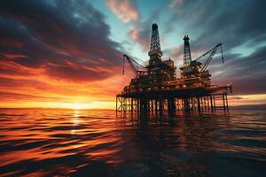 Offshore Jack Up Rig in The Middle of The Sea at Sunset. Generative ai. photo