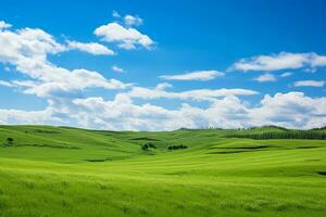 natural scene beautiful green hill with blue sky. Generative ai. photo