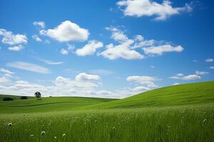 natural scene beautiful green hill with blue sky. Generative ai. photo