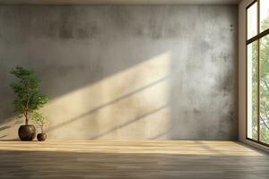 Empty room interior with concrete walls, wooden floor with light from window. Generative ai. photo