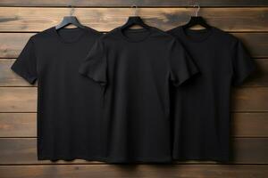 3 black t shirts on wood background. Generative ai. photo