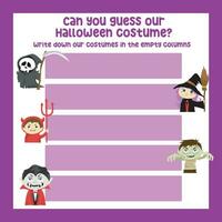 Can you guess our costumes. Writing practice worksheet. Writing Halloween things sheet with children. Writing activity. Printable activity page for kids. Vector file.