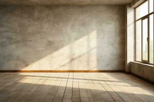 Empty room interior with concrete walls, wooden floor with light and soft skylight from window. Background with copy-space. Generative ai. photo