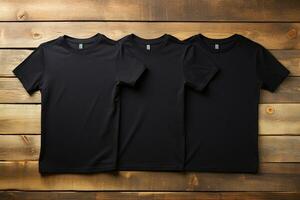 3 black t shirts on wood background. Generative ai. photo
