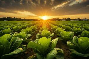 field lettuce on sunrise in morning with beautiful clouds. Generative ai. photo