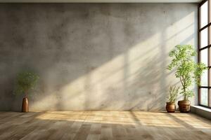 Empty room interior with concrete walls, wooden floor with light from window. Generative ai. photo