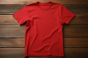 Red t-shirts on wood background with copy space. Generative ai. photo