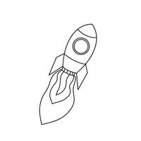 Outline rocket ship with fire. Isolated on white. Flat line icon. Vector illustration with flying rocket. Space travel. Project start up sign. Creative idea symbol. Black and white.