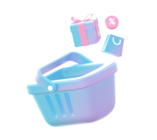 3d render of Gradient shopping basket with bag and gift illustration icons for UI UX web social media ads designs png