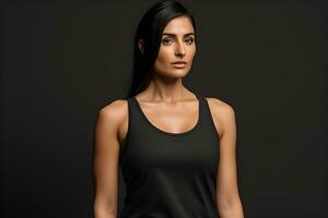 Generative AI. Blank Black Tank top Mock up on Female Model Showcase Your Designs in Style photo