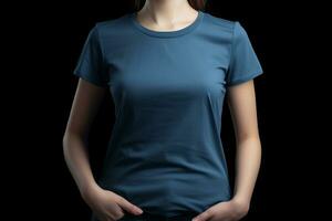 Generative AI. Blue T-Shirt Mockup on Female Model photo