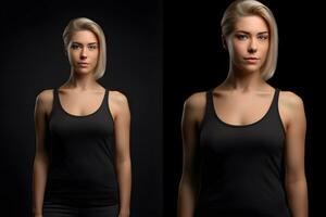 Generative AI. Blank Black Tank top Mock up on Female Model Showcase Your Designs in Style photo