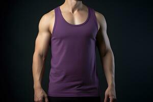 Generative AI. Blank Purple Tank top Mock up on Male Model Showcase Your Designs in Style photo