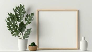 Generative AI. Minimalist White Frame Mockup with Plant in Trendy Vase on Gray Wall. Generative AI. photo