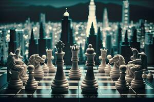 Chess game fight business with city in the background. Generative Ai photo