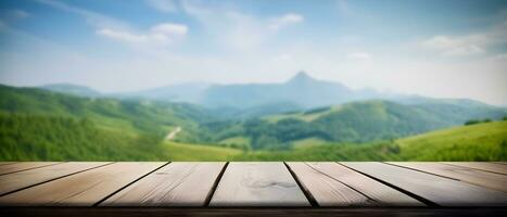 generative AI. Natural Escape Empty Old Wooden Table in Front of Green Mountain and Blue Sky photo