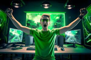 Generative AI. Victory in Green Professional eSports Gamer Celebrates in Game Room photo