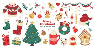 Set of Merry Christmas drawings, cozy and cute stickers, decoration set, vector holiday illustration.