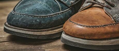 Close up pair of worn-out shoes different colors. photo