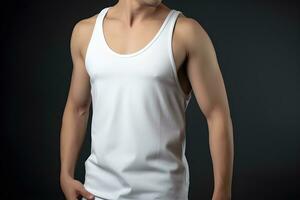 Generative AI. Blank white Tank top Mock up on Male Model Showcase Your Designs in Style photo