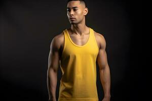 generativo ai. blanco amarillo tanque parte superior burlarse de arriba en masculino modelo escaparate tu diseños en estilo foto